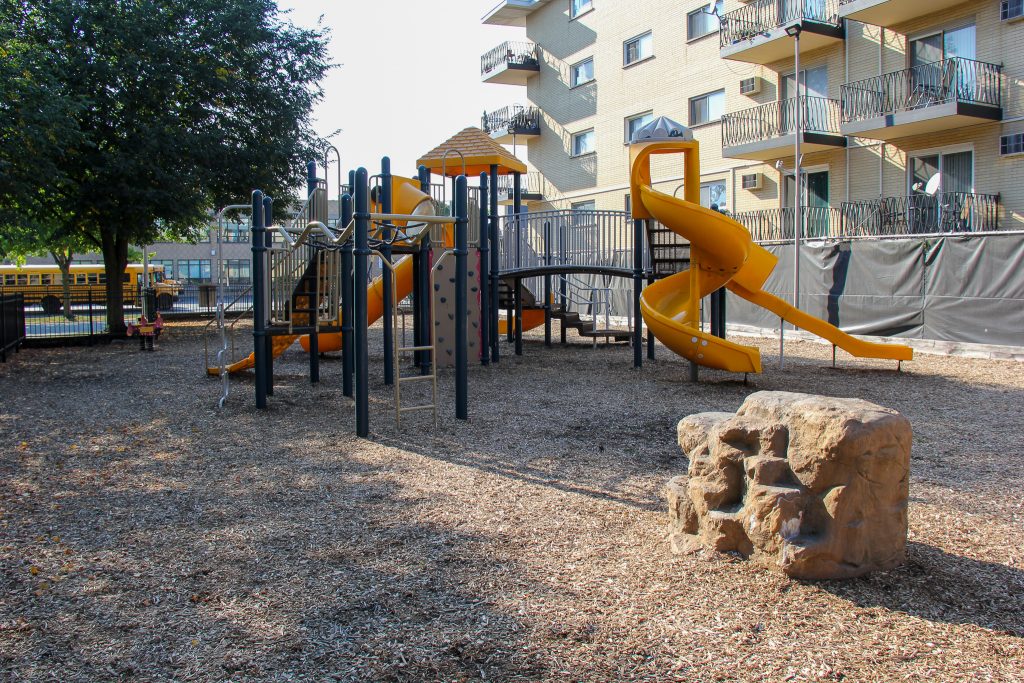 Photo of slides and park structure at Remembrance Park